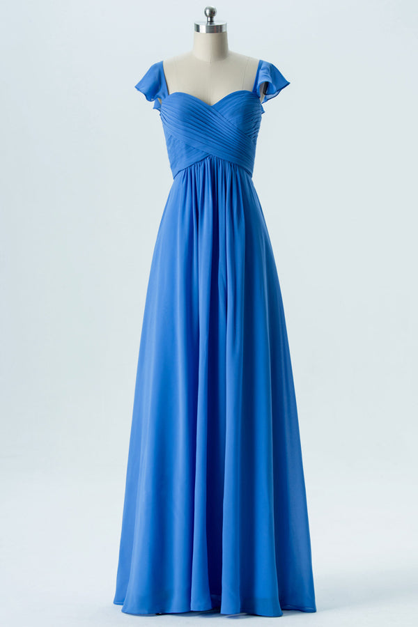 A-Line Ocean Blue Bridesmaid Dress with Cap Sleeves