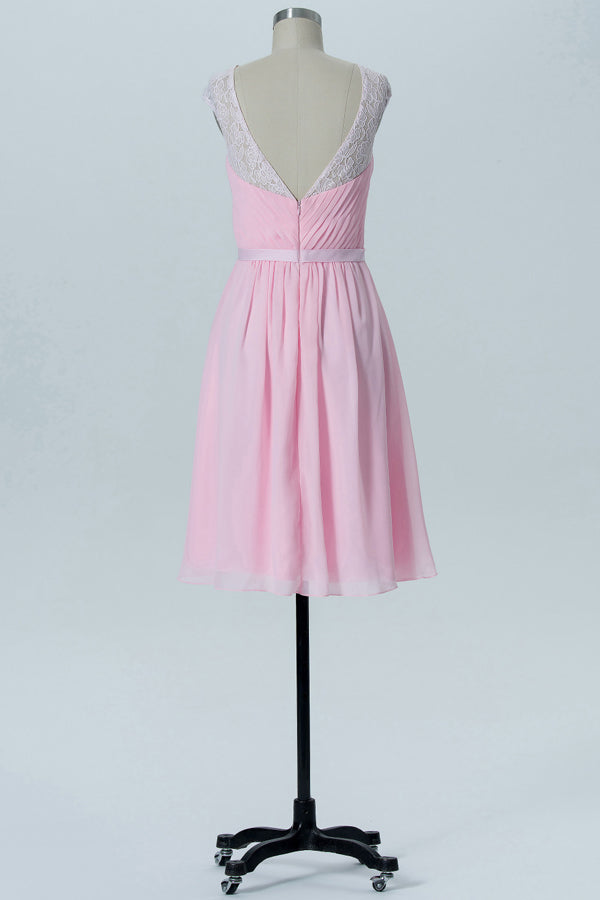 Sweet V-Neck Pink Lace Bridesmaid Dress with Cap Sleeves