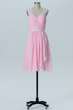 Sweet V-Neck Pink Lace Bridesmaid Dress with Cap Sleeves
