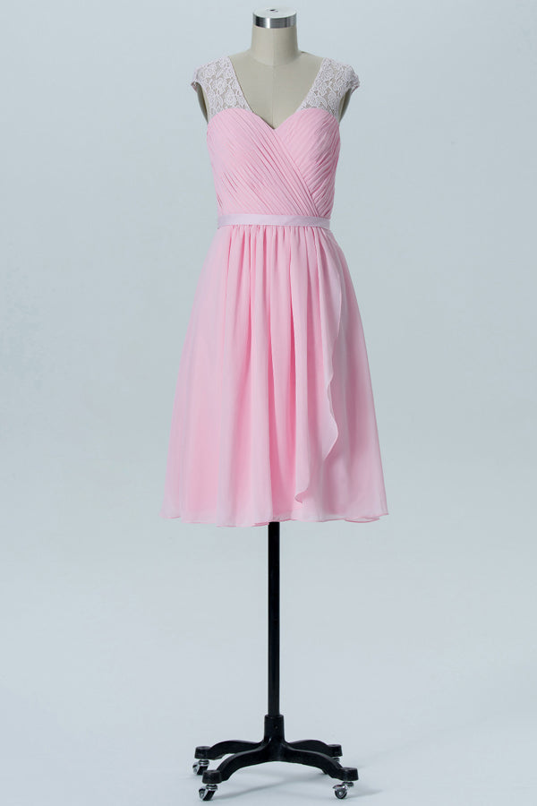 Sweet V-Neck Pink Lace Bridesmaid Dress with Cap Sleeves – FancyVestido