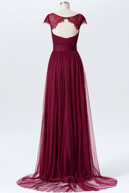 Lace Cap Sleeves Burgundy Long Birdesmaid Dress