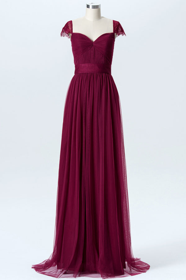 Lace Cap Sleeves Burgundy Long Birdesmaid Dress