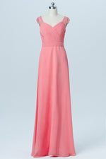 Cap Sleeves Coral Long Bridesmaid Dress with Lace Button Back