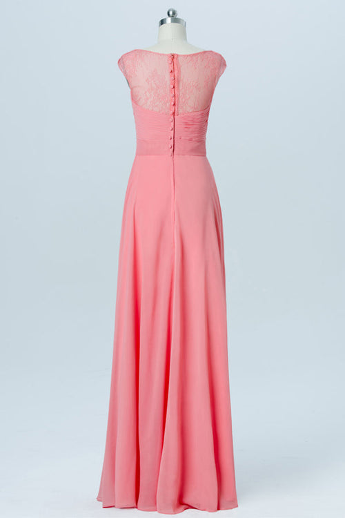 Cap Sleeves Coral Long Bridesmaid Dress with Lace Button Back