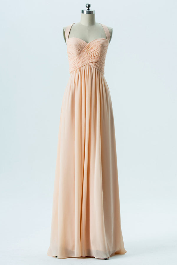 Halter Peach Bridesmaid Dress with Criss Cross Straps