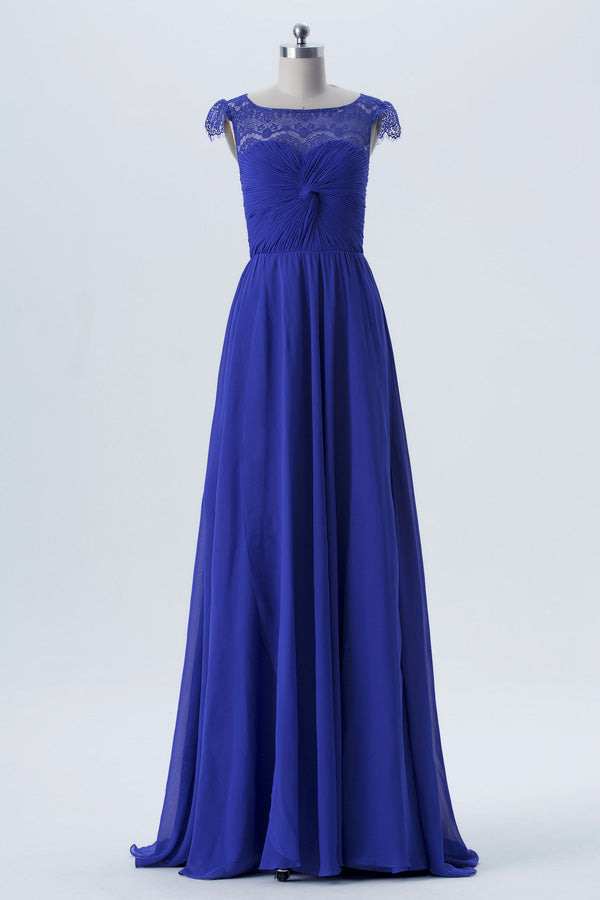 Illusion Crew Neck Royal Blue Bridesmaid Dress with Cap Sleeves