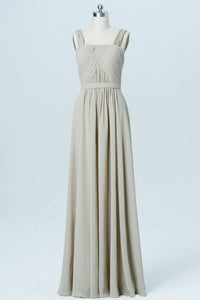 Straps Taupe Square Neck Ruched Bridesmaid Dress