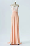 Elgane Lace Top Peach Bridesmaid Dress with Sweep Train