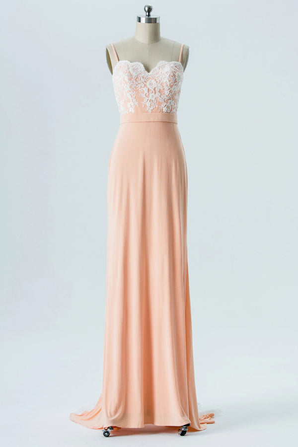 Elgane Lace Top Peach Bridesmaid Dress with Sweep Train FancyVestido Elgane Lace Top Peach Bridesmaid Dress with Sweep Train FancyVestido