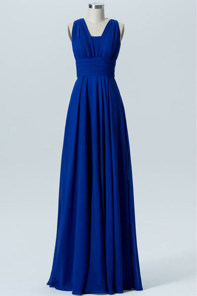 Straps Royal Blue Pleated Long Bridesmaid Dress