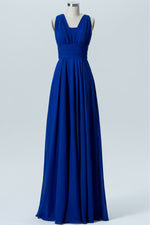 Straps Royal Blue Pleated Long Bridesmaid Dress