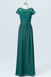 Lace Top Emerald Green Bridesmaid Dress with Short Sleeves