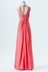 Coral Halter Pleated Chiffon Bridesmaid Dress