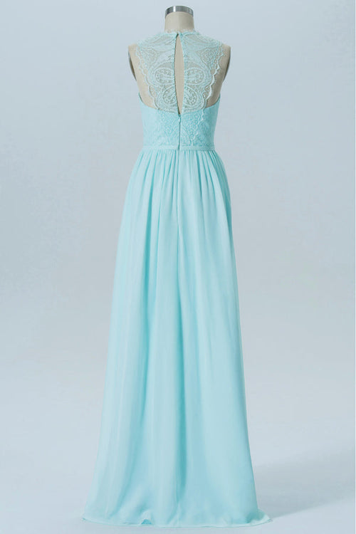 Mint Blue Lace Long Bridesmaid Dress with Cutout Back