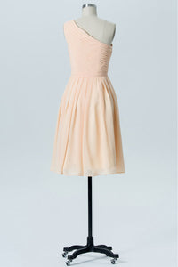 One Shoulder Pleated Short Peach Bridesamaid Dress