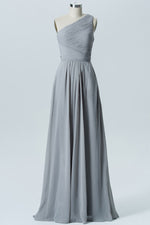 Pleated One-Shoulder Grey Long Bridesmaid Dress