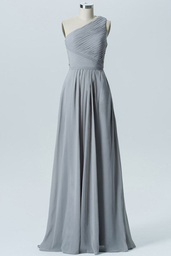 chinese dress ladies Pleated One-Shoulder Grey Long Bridesmaid Dress – FancyVestido