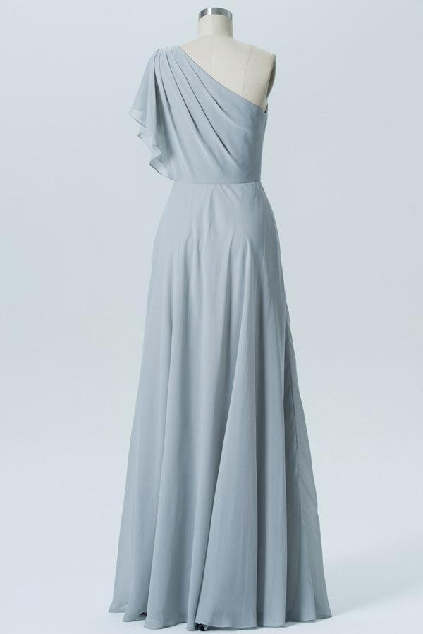 Chiffon Grey Long Bridesmaid Dress with Ruffled Sleeve