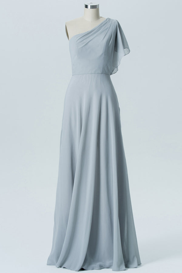 Chiffon Grey Long Bridesmaid Dress with Ruffled Sleeve
