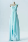 Mint Blue One Shoulder Bridesmaid Dress with Ruffles