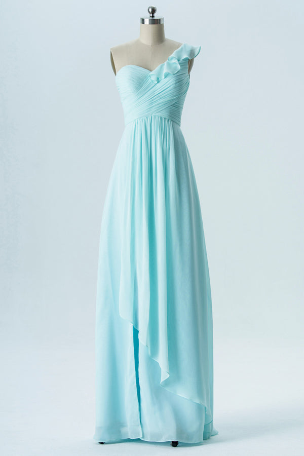 Mint Blue One Shoulder Bridesmaid Dress with Ruffles FancyVestido Mint Blue One Shoulder Bridesmaid Dress with Ruffles FancyVestido