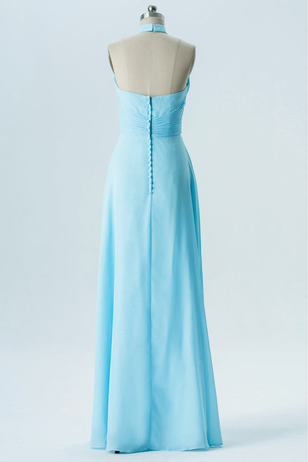 Light Blue Halter Ruched Long Bridesmaid Dress