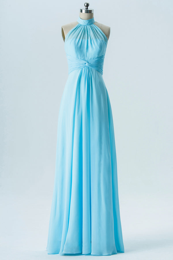 Light Blue Halter Ruched Long Bridesmaid Dress  FancyVestido