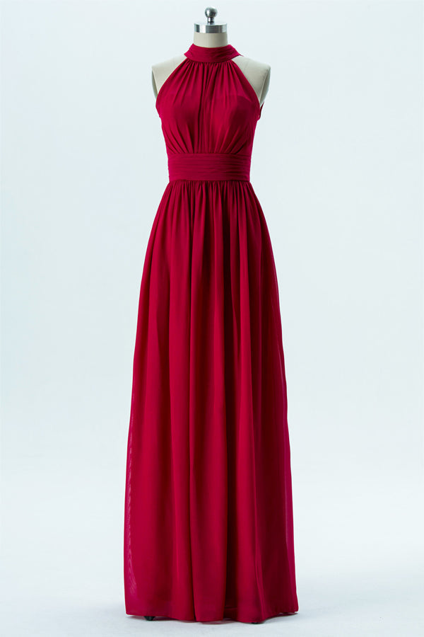 Tie Straps Red Halter Floor Length Bridesmaid Dress