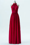 Tie Straps Red Halter Floor Length Bridesmaid Dress