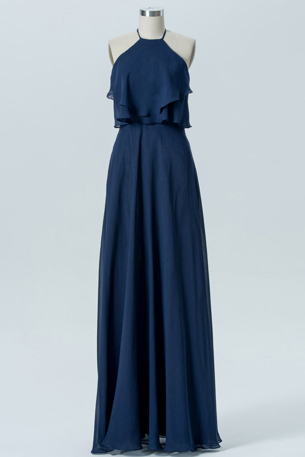 Bohemian Style Halter Navy Blue Chiffon Bridesmaid Dress