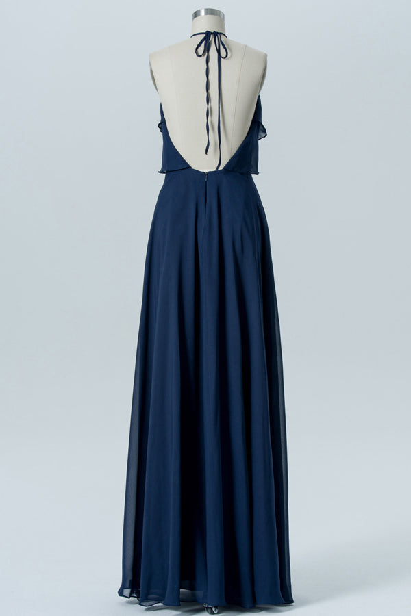 Bohemian Style Halter Navy Blue Chiffon Bridesmaid Dress