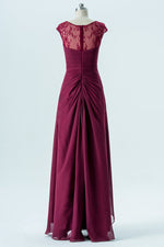 Wine Red Lace Cap Sleeves Long Bridesmaid Dress
