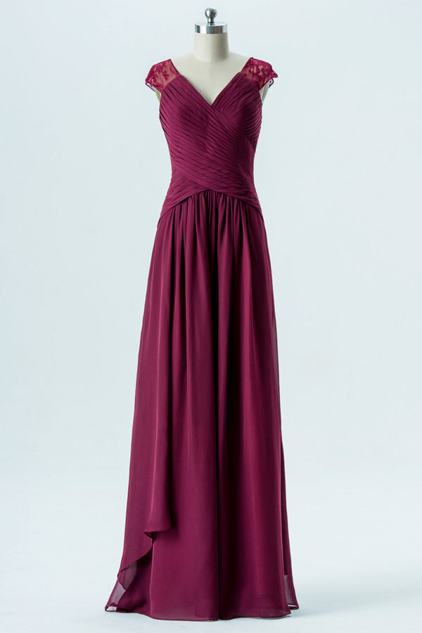 Wine Red Lace Cap Sleeves Long Bridesmaid Dress – FancyVestido