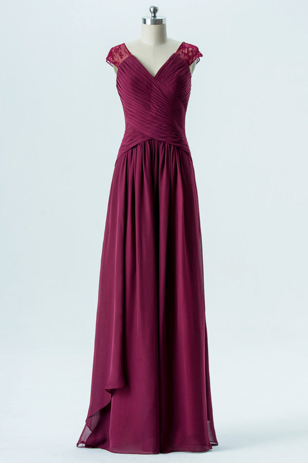 Wine Red Lace Cap Sleeves Long Bridesmaid Dress