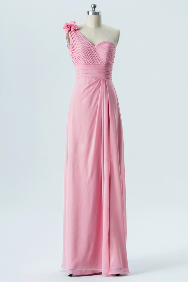 One Shoulder Pink Pleated Bridesmaid Dresss