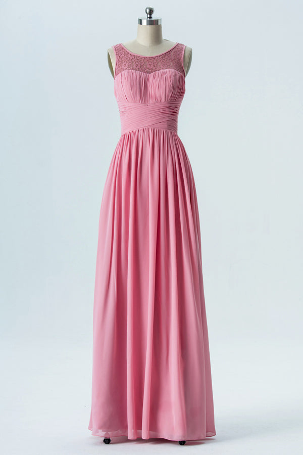 Candy Pink Crew Neck Chiffon Bridesmaid Dress