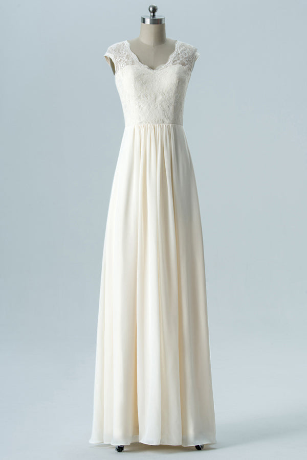 Backless Ivory Lace Top Long Bridesmaid Dress