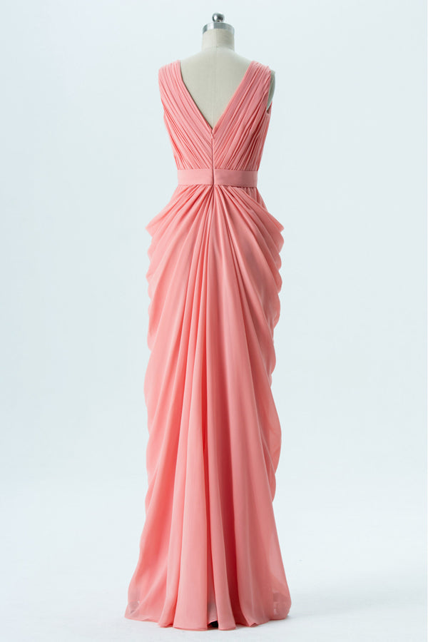 Long Chiffon Coral Ruched Bridesmaid Dress