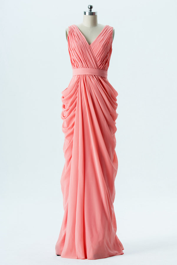 Long Chiffon Coral Ruched Bridesmaid Dress