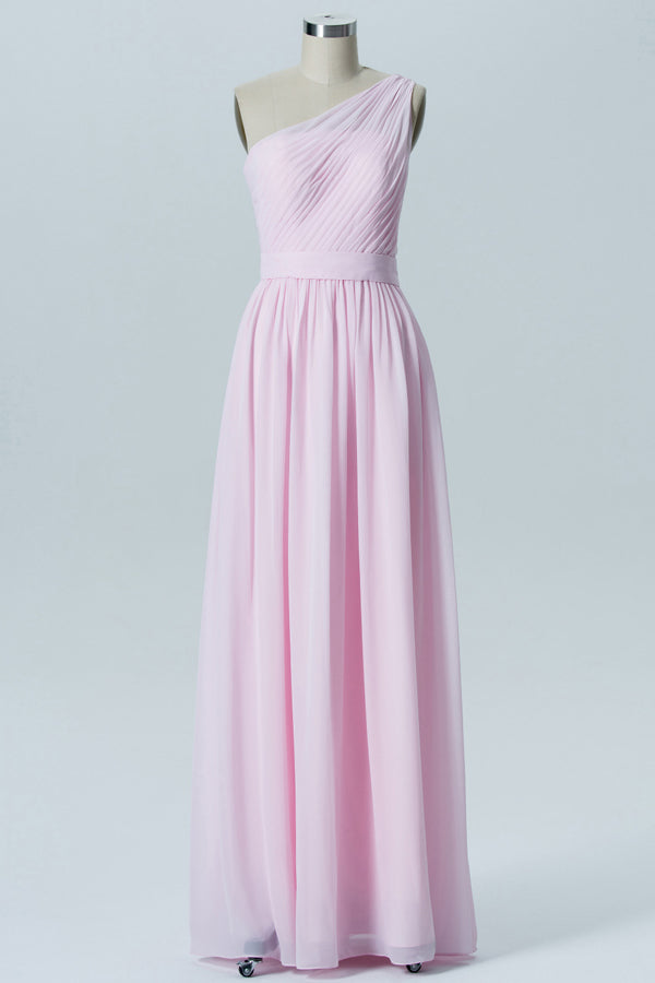 Chiffon Pink One Shoulder Bridesmaid Dress with Belt