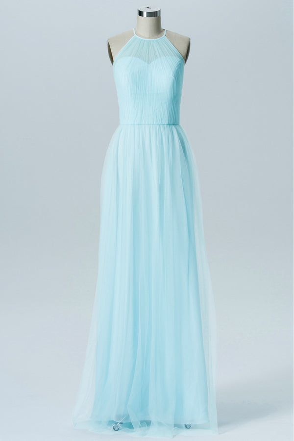 light blue halter bridesmaid dress Light Blue Satin Sheath Halter Bridesmaid Dresses, Wedding Party Dress,  MBD164