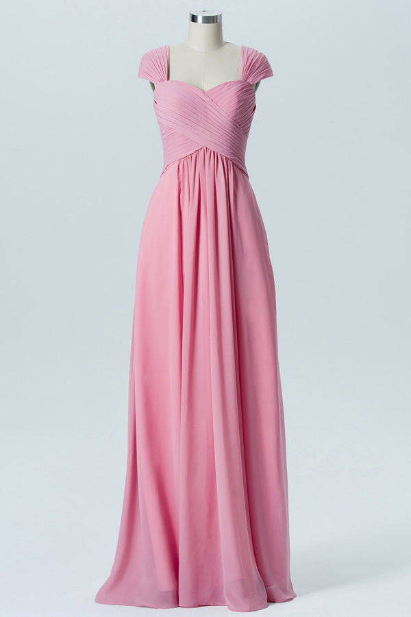 Chiffon Long Candy Pink Bridesmaid Dress with Cap Sleeves