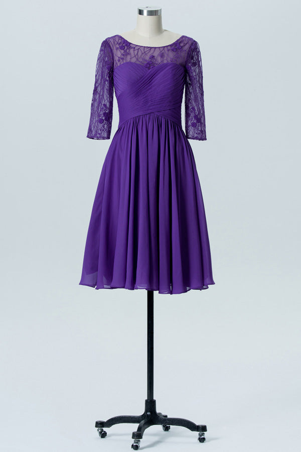 Purple Short Lace Bridesmaid Dress with Long Sleeves