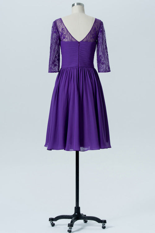 Purple Short Lace Bridesmaid Dress with Long Sleeves