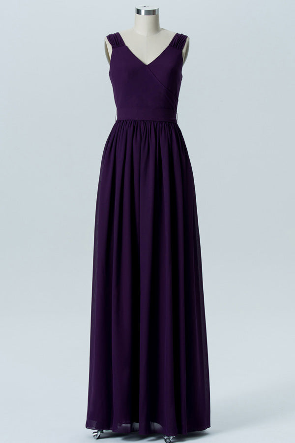 Double V-Neck Grape Long Bridesmaid Dress with Belt