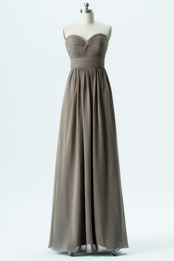 Sweetheart Taupe Pleated Bodice Long Bridesmaid Dress