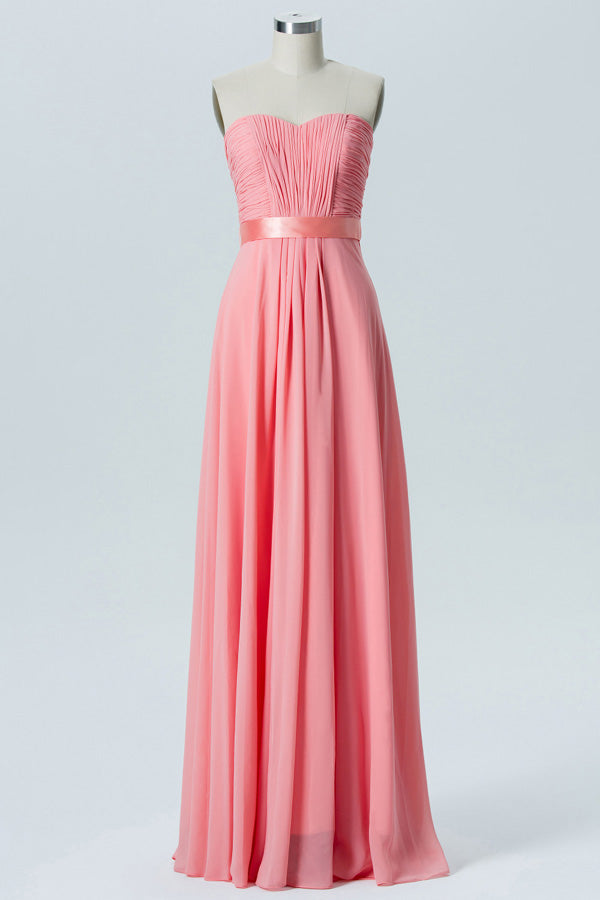 Pleated Bodice Coral Chiffon Bridesmaid Dress