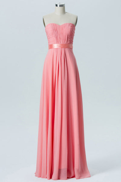 Pleated Bodice Coral Chiffon Bridesmaid Dress