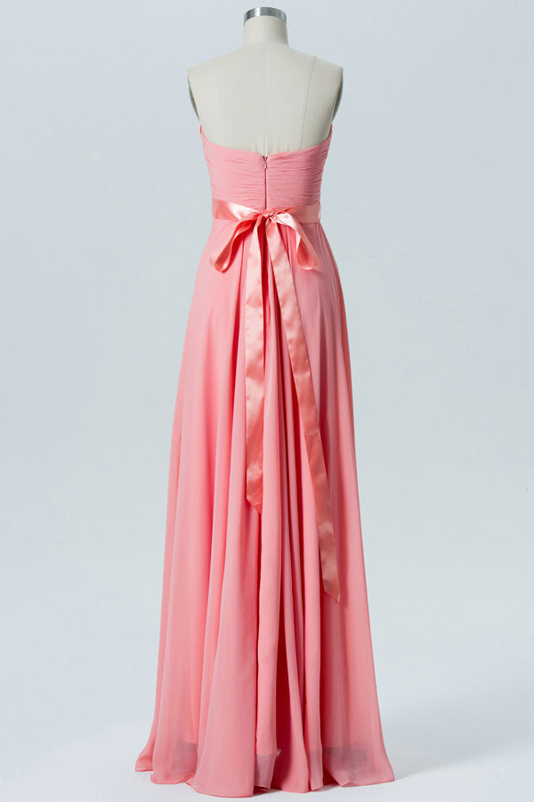 Pleated Bodice Coral Chiffon Bridesmaid Dress