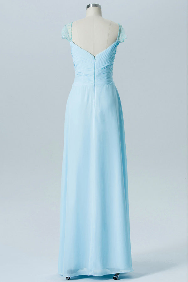Pleated Chiffon Pale Blue Bridesmaid Dress with Cap Sleeves
